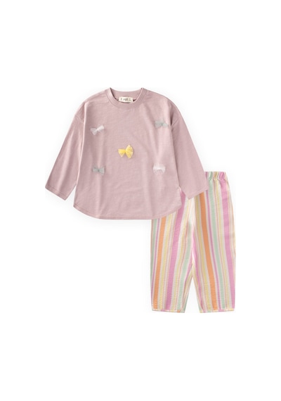 Cigit Oversize T-shirt Pantolon Takım 2-10 Yaş Leylak Turuncu Çizgili