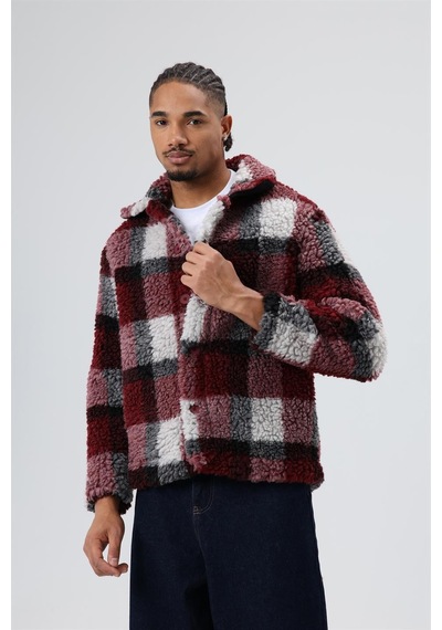 Vamos Oversize Peluş Ekose Ceket Bordo