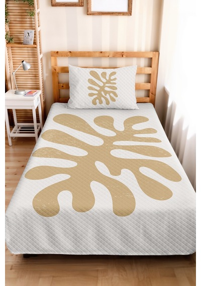 Bej Yaprak Minimal Genç Odası Tek Kişilik Pike Takımı - Bohem 160x220 Cm Kapitone Yatak Örtüsü Gizli Sükunet Sükuneti
