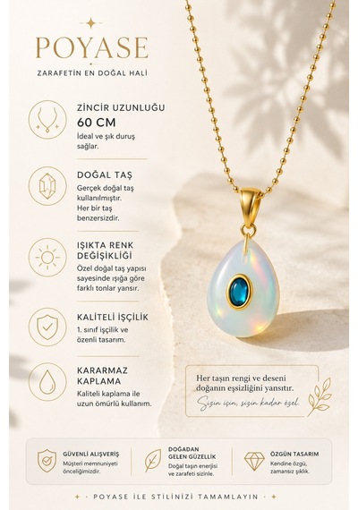 Doğal Taş Damla Kolye 60 Cm Zincir Işıkta Renk Değiştiren Doğal Taş Altın Renk Kadın Kolye Diğer