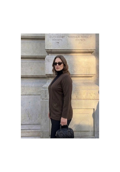 Onno Style Women Cebi Kelebek Taşlı Çelik Örgü Klasik Triko Ceket Kahverengi