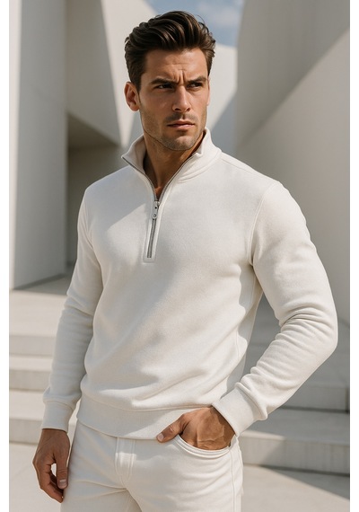 Rich Erkek Ekru Yarım Fermuarlı Sweatshirt Ekru