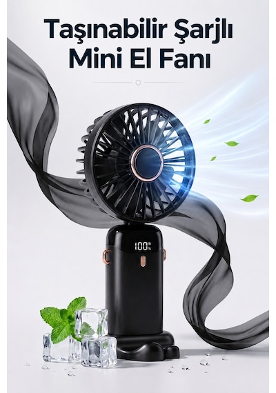Şarjlı Mini El Fanı Taşınabilir Katlanabilir Masaüstü Vantilatör Askılı Mini Klima Siyah