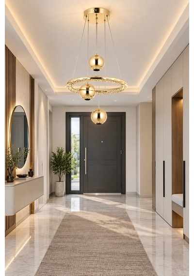 Modern Premium Gold Halka 3 Renkli Ledli Sarkıt Avizesi Salon Mutfak Çocuk Odası Şık Modelleri 84w Beyaz