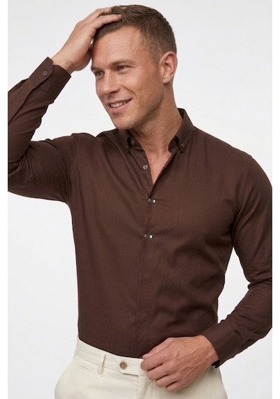 Deepsea Kahve Slim Fit Likralı Kolay Ütülenebilir Gizli Düğmeli Erkek Gömlek 2602614