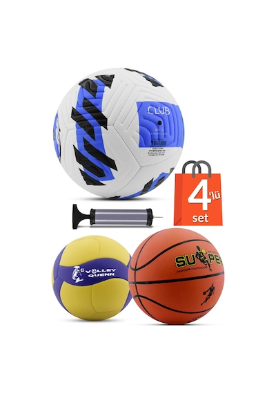 4'LÜ SET Basketbol Voleybol Sert Zemin Futbol Topu Top Şişirme Pompası Seti Mavi-018 Çok Renkli