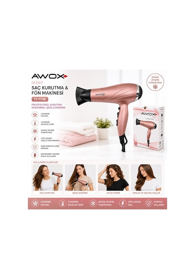 Awox Gleao Saç Kurutma Ve Fön Makinesi 1700-2000w 2 Kademe Fan 3 Kademe Sıcaklık Rose-gold