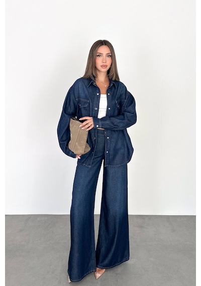Kadın Koyu Mavi Jean Denim Oversize Kalıp %100 Tencel Dökümlü Cepli Düğmeli Kot Gömlek Sofia-6004