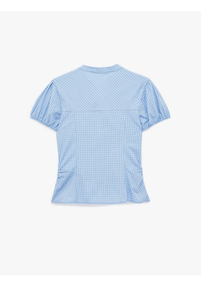 Koton Pamuklu Slim Fit Poplin Balon Kollu V Yaka Gömlek Mavi Ekose 6sal60211ıw