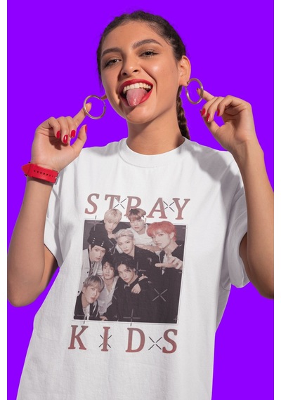 Sevbano Stray Kids Müzik Grubu Baskılı Unisex Oversize Tişört Beyaz