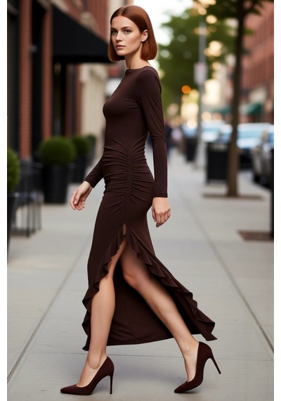 Ersefa Kadın Uzun Kollu Kayık Yaka Eteği Fırfırlı Bodycon Maxi Elbise Mo Kahverengi