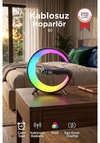 Ses Cihazı Teknolojik Ürün Müzik Bluetooth Hoparlör Şarjlı Saat Masa Lambası G1 3in1