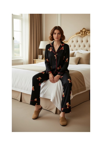 Ersefa Kadın Ayıcık Desenli Pijama Takımı Gömlek Yaka Uzun Fonksiyonel D Siyah