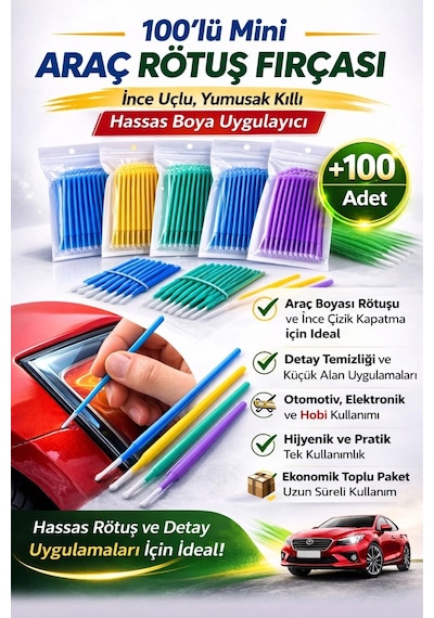 Rötuşboya Araba Oto Kaporta Çizik Tek Kullanımlık Hassas Detaylı Uygulama Rötuş Fırçası Mini 100'lü