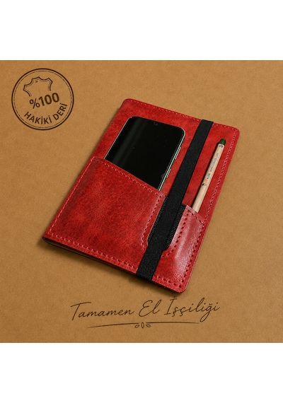 Bilikolik Hakiki Deri A5 Defter Kılıfı, El Yapımı, Telefon Cepli Ajanda Organizer, Defter Ve Kalem Dahil Kırmızı