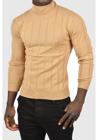 Deepsea Erkek Camel Slim Fit Likralı Tam Balıkçı Yaka Çizgili Boğazlı Kazak 2505504 Camel