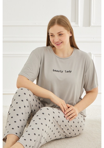 Mihra Kadın Pijama Takımı Büyük Beden & Battal Kısa Kol Gri
