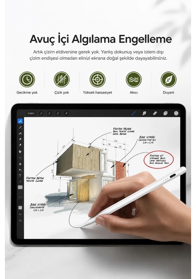 Exenar - Beyaz - İpad Uyumlu Tablet Kalemi Manyetik Stylus Pen Eğim Sensörlü Avuç İçi Engelleme Usb-c Şarjlı 1 Yedek Uç