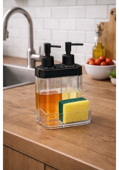 2 Bölmeli Şeffaf Sıvı Sabunluk Ve Süngerlik Mutfak İçin Modern Sabun Dispenseri Gri