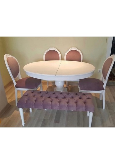 Masifart  120 cm Yuvarlak Baba Ayak Masa 4 Sandalye ve Puf Takımı