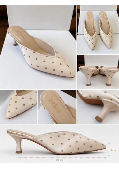 Dabab Shoes Sevılla Puantiye Desenli Bej Saten Sivri Burunlu 5 Cm İnce Topuklu Mule Terlik