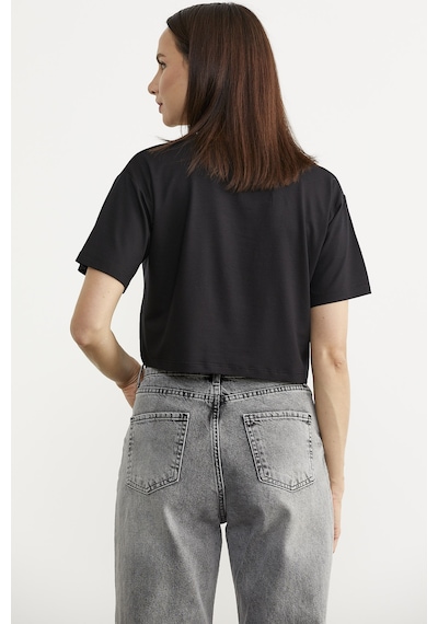 Oversize Baskılı Crop Tişört - Siyah Siyah