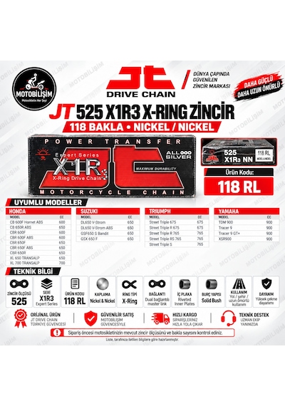 Motosiklet Zinciri 525 X-ring 118 Bakla Nickel Jt X1r3 Güçlendirilmiş Zincir
