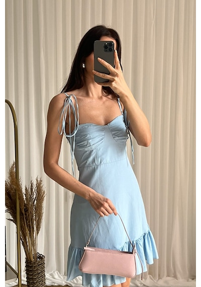 Askılı Fırfırlı Mini Boy A Kesim Şık Günlük Elbise Mavi