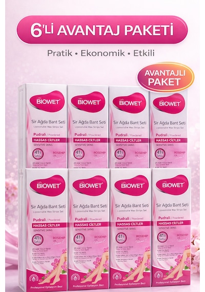 Biowet Pudralı Sir Ağda Bant Seti 41 Li Hassas Ciltler İçin Rosehip Vitamin E Epilasyon Seti 6 Paket