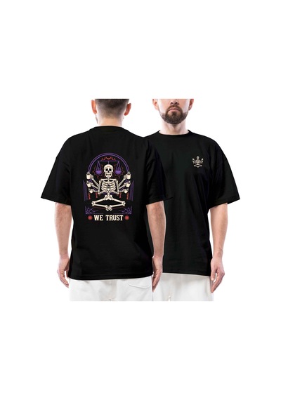 İn Coffe We Trust İskelet Streetwear Siyah Oversize Tişört