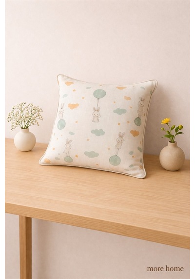 More Home Müslin Bebek Yastık Kılıfı % 100 Pamuklu 35x45 Tavşanlı Balonlu Gri Yeşil