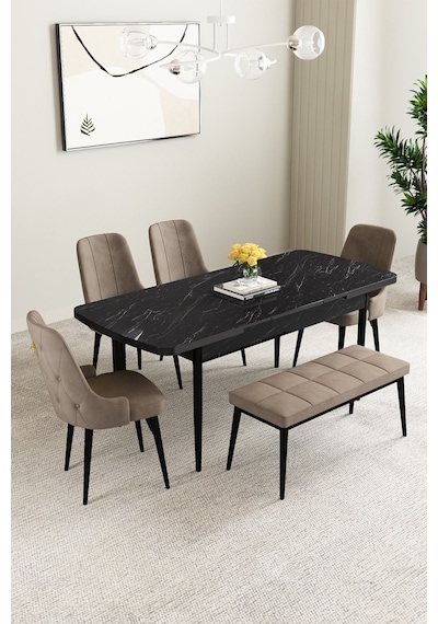 Mabel Siyah Mermer Desen 80x132 Açılabilir Yemek Odası Takımı 4 Sandalye, 1 Bench Cappucino