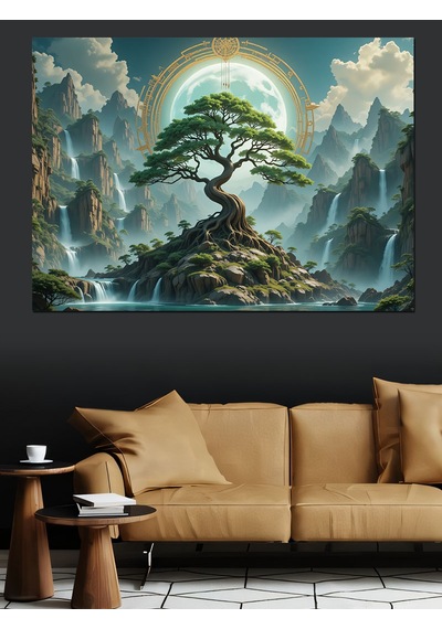Dağlar Arasında Bonsai Ağacı Dekoratif Kanvas - Mdf Ahşap Tablo