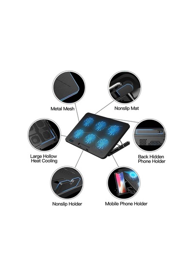 Oyuncu RGB Ledli Notebook Soğutucu Stand 6 Fanlı Yükseklik Ayarlı