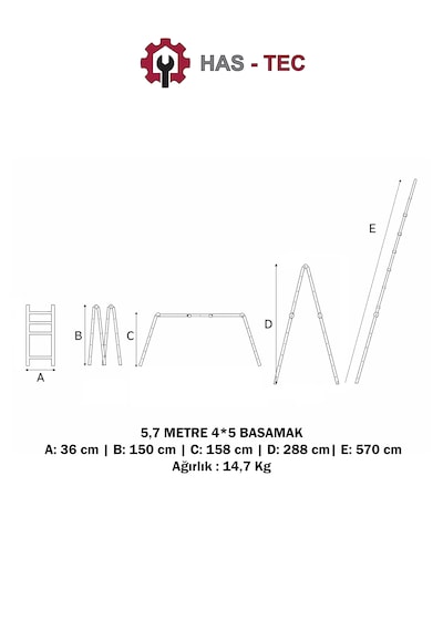 5,7 Metre 20 Basamaklı Akrobat Çok Amaçlı Merdiven Alüminyum