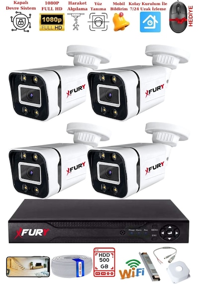 Fury 4 Kameralı 1080p Görüntü Gece Renkli Full Hd 4 X Ultra Led Gece Renkli Güvenlik Kamerası Seti 500gb