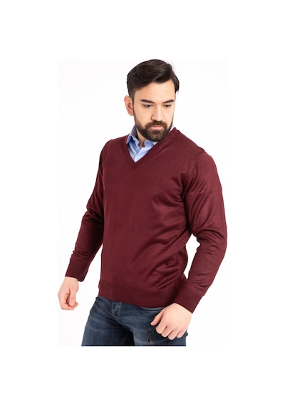 Nacar Store Erkek Bordo İnce Yün Triko V Yaka Triko Kazak