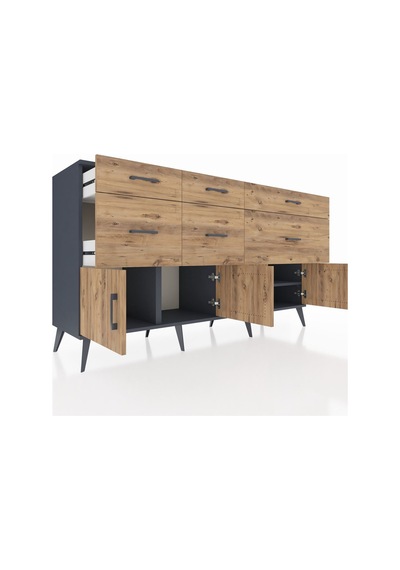 Kronos Konsol Tek Raflı 6 Çekmeceli 4 Kapaklı 176x59x99 Antrasit- Antrasit-çam