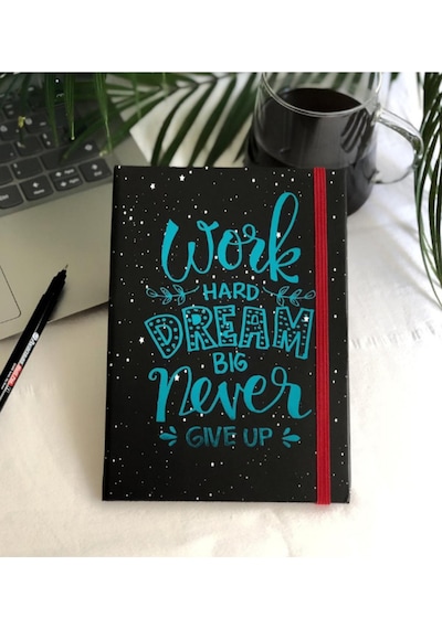 Dream Big Mottolu Sert Karton Kapaklı Çizgisiz Defter Zamansız Ajanda Siyah