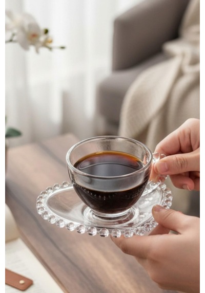 Kalp Detaylı Cam Çay Fincanı, Kahve Takımı 200ml Diğer