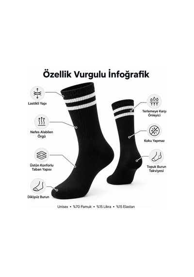Womanandkids Wak Unisex Siyah Çorap Beyaz Çizgili 6'lı Set Uzun Soket Günlük Spor Kolej Stil Rahat Şık Tasarım Mo