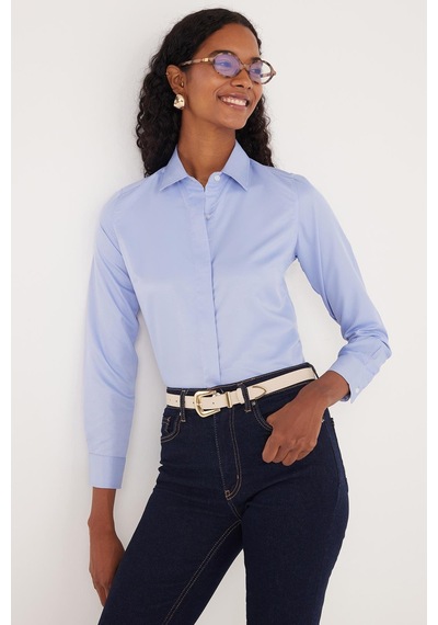 Tudors Kadın Slim Fit Dar Kesim Vucüda Oturan Uzun Kollu Gizli Düğme Detaylı Mavi Basic Gömlek-35556 Mavi