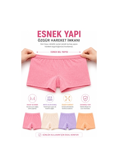 Westicgiyim Kız Çocuk Pamuklu Boxer 4 Lü Paket Esnek Rahat Şort Külot 3-4 Yaş 13-14 Yaş Çok Renkli