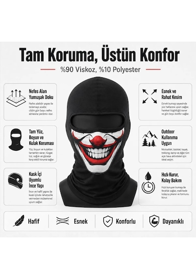 Unisex Palyaço Baskılı Balaklava Maske 1 Adet Tek Beden Viskoz Kask İçi Outdoor Motosiklet Maskesi 1 Siyah