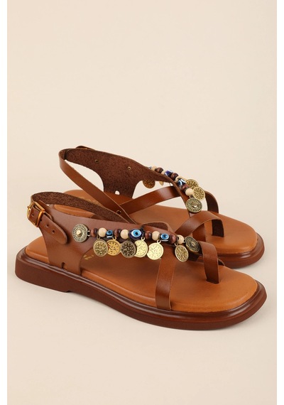 Gondol Hakiki Deri Vaketa Parmak Arası Süslü Sandalet Crm.305 Taba