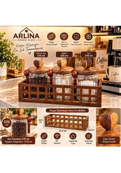 3 Lü 570 Ml Cam Kavanoz & Ahşap Stand Seti Şeffat Cam - Akasya Ahşap Kapak