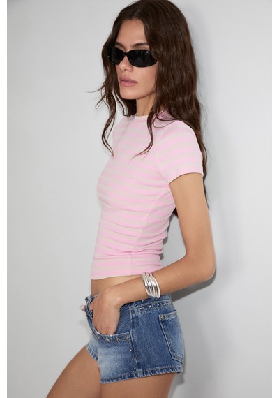 Grımelange Hopewell Kadın Yuvarlak Yaka Örme Slim Fit Pembe-a.pembe Çizgili T-shirt Grımelange Hopewell Kadın Yuvarlak Yaka Örme Slim Fit Pembe-a.pembe Çizgili T-shirt