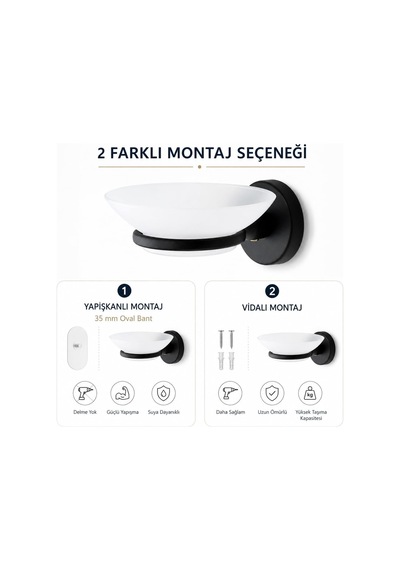 Alper Banyo Sabunluk Siyah, Duvar Tipi, Metal, Yapışkanlı Ve Vidalı Montaj, 35 Mm Oval Bantlı Banyo Aksesuarı Çok Renkli
