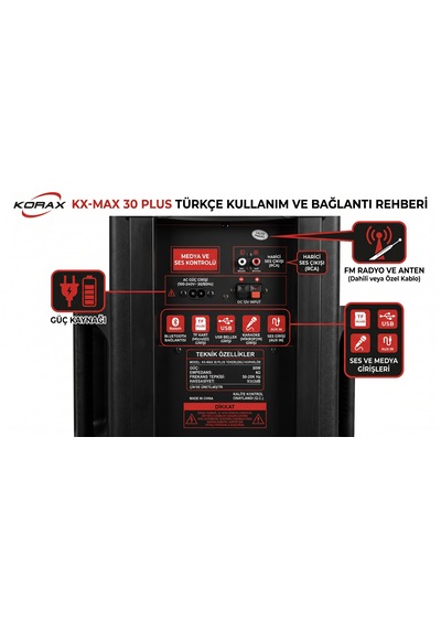 Korax Kx-max30 Plus Taşınabilir Bluetooth Hoparlör - 80w Telsiz El + Kablosuz Yaka Mikrofonlu Karaoke & Pa Sistemi, Tekerlekli