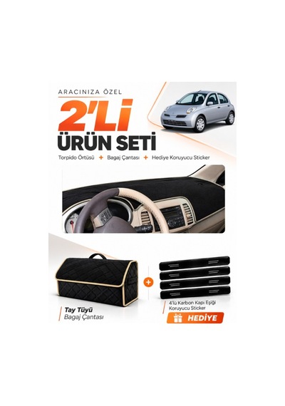 E-biz Nissan Micra March 2005-2010 Uyumlu Torpido Örtüsü + Tay Tüyü Çanta - Siyah-bej - Nı007